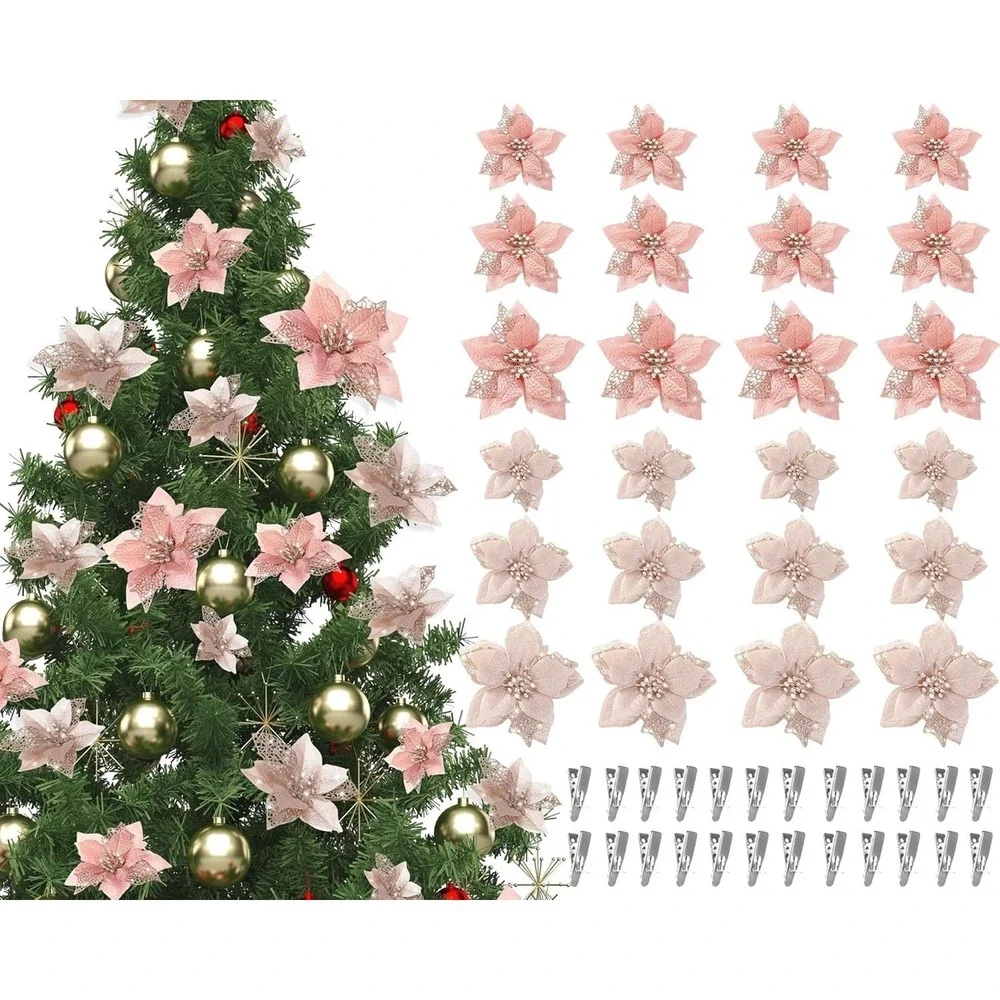 Artificial Glitter Poinsettia Christmas‎ Tree Flowers Rose Gold Champagne 24pc